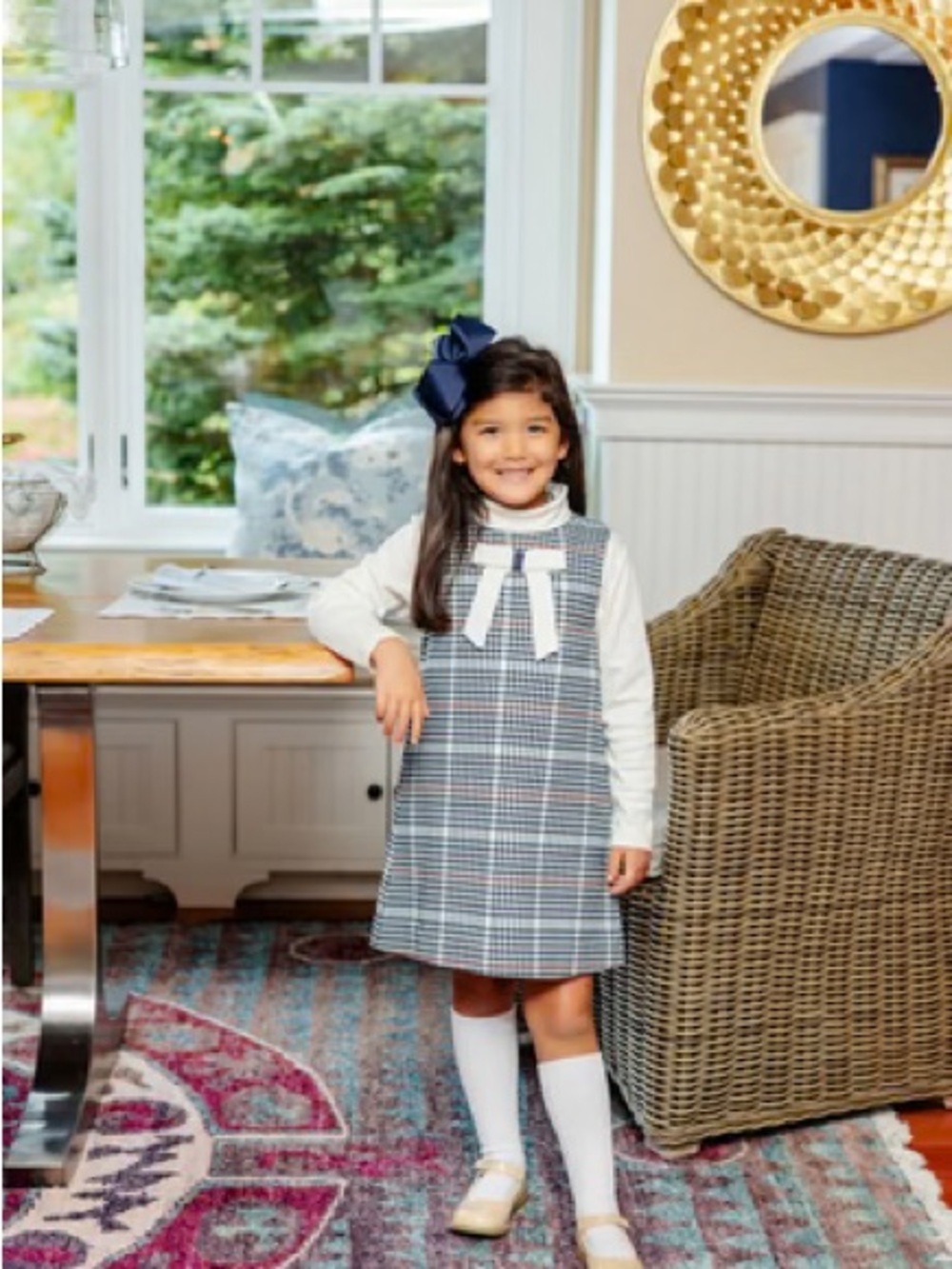 The Beaufort Bonnet Company Navy Plaid Dress with White Bow